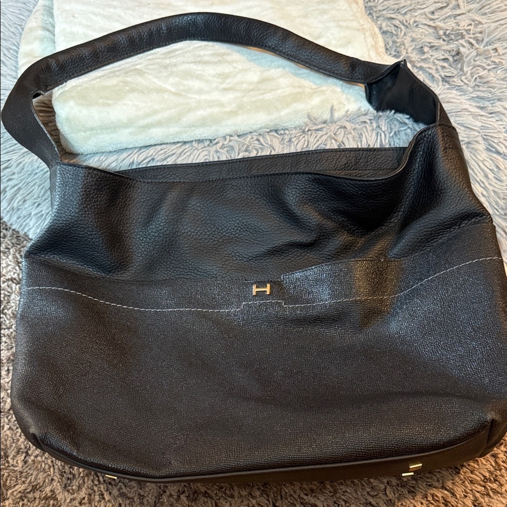 Black Leather Shoulder Bag with Gold Accent